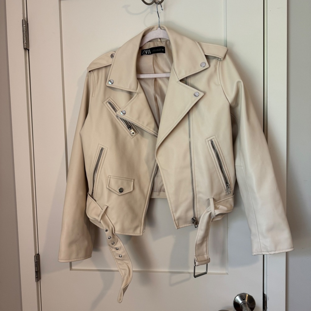 Zara Womens XL Cream Faux Leather Belted Moto Biker Jacket Off White